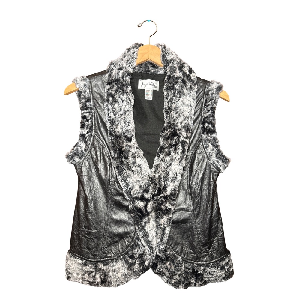 Joseph Ribkoff Womens Faux Leather Fur Trim Vest Black Silver Metallic Size 6
